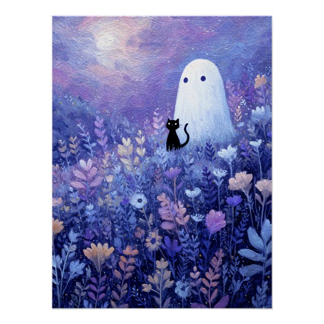 Whimsical Geist und Katze in Twilight Meadow Poster (Vorderseite)
