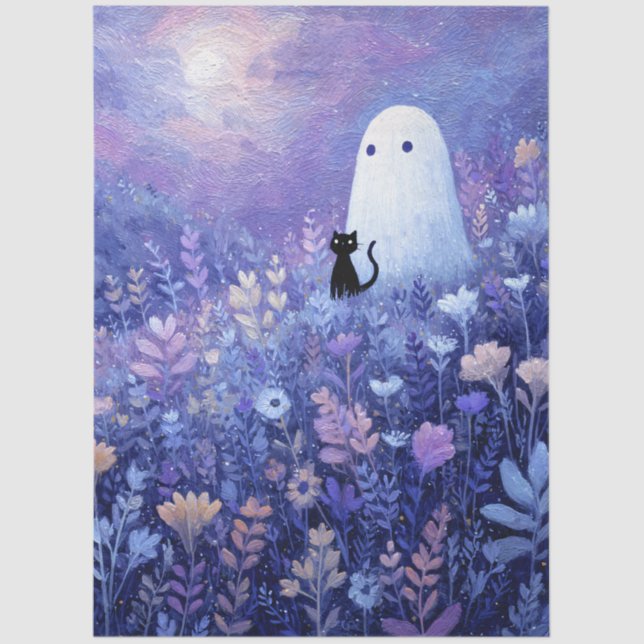 Whimsical Geist und Katze in Twilight Meadow Seidenpapier (Vorderseite)