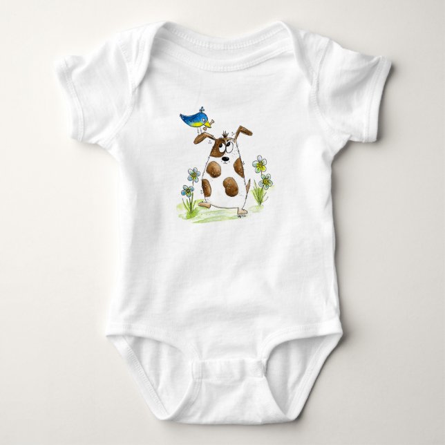 Whimsical Gepunktet Dog with Bird Baby Strampler (Vorderseite)