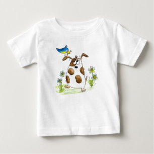 Whimsical Gepunktet Dog with Bird Baby T-shirt