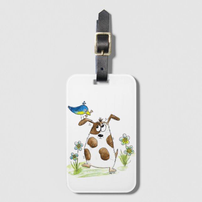Whimsical Gepunktet Dog with Bird Gepäckanhänger (Vorderseite Vertikal)