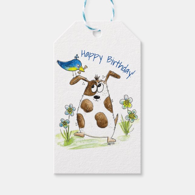 Whimsical Gepunktet Dog with Bird Geschenkanhänger (Vorderseite)