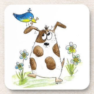 Whimsical Gepunktet Dog with Bird Getränkeuntersetzer