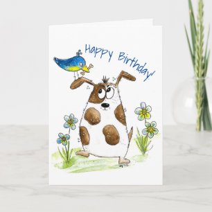 Whimsical Gepunktet Dog with Bird Karte