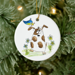 Whimsical Gepunktet Dog with Bird Keramik Ornament
