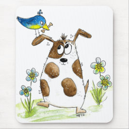 Whimsical Gepunktet Dog with Bird Mousepad