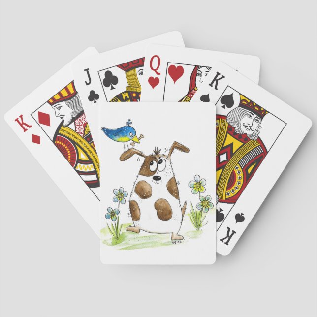 Whimsical Gepunktet Dog with Bird Spielkarten (Rückseite)