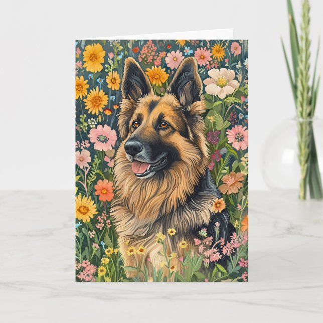 Whimsical German Shepherd in a Flower Garden Karte (Vorderseite)