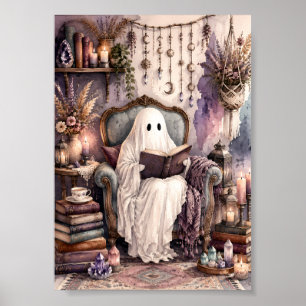 Whimsical Ghost Reading Buch Cozy Dark Academia Poster