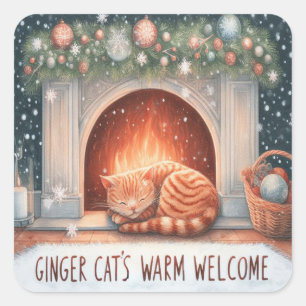 Whimsical Ginger Cat's Warm Welcome Christmas Quadratischer Aufkleber