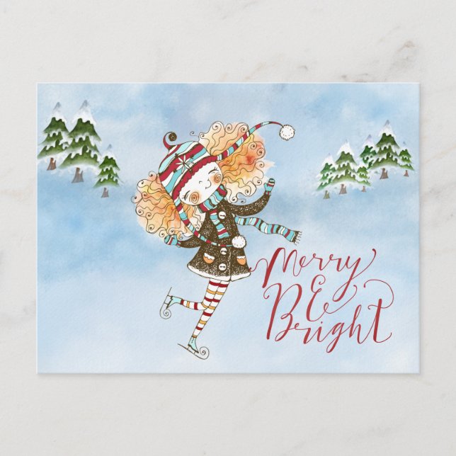 Whimsical Ginger Hair Ice Skater Feiertagspostkarte (Vorderseite)