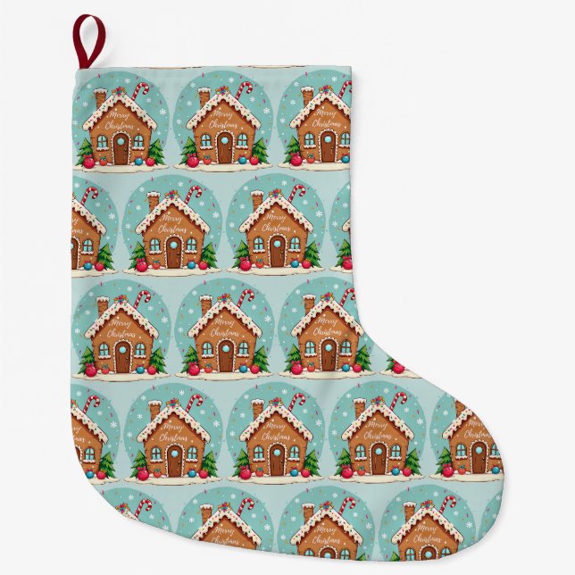 Whimsical Gingerbread House Christmas Scene Großer Weihnachtsstrumpf (Vorderseite)