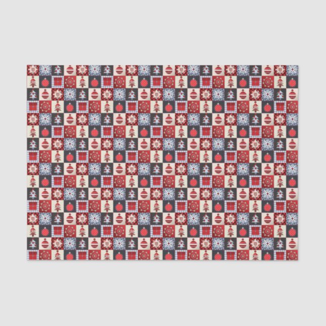 Whimsical Gingham Christmas Patchwork Quilt Seidenpapier (Vorderseite)