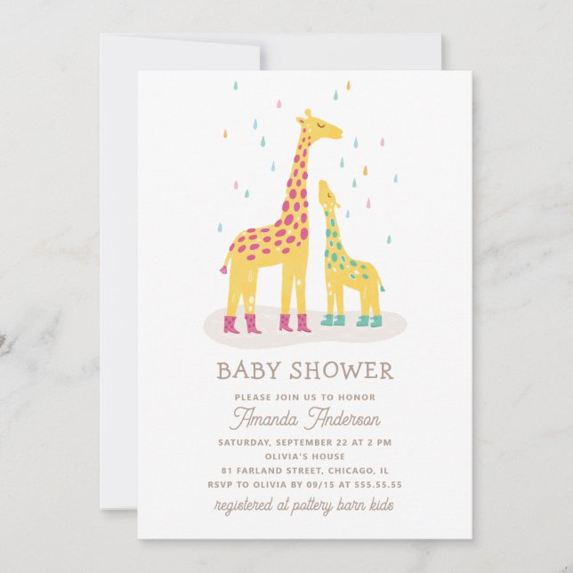 Whimsical Giraffe Baby Dusche | Farbenfrohe Regent Einladung (Vorderseite)