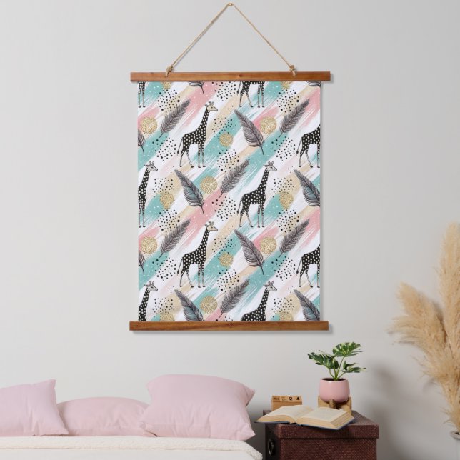 Whimsical Giraffe Polka Dot Pattern - Pastel Wandteppich Mit Holzrahmen (Schlafzimmer)