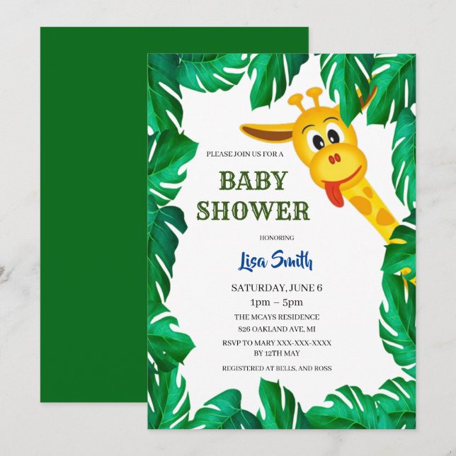 Whimsical Giraffe Safari Baby Dusche Einladung (Vorne/Hinten)