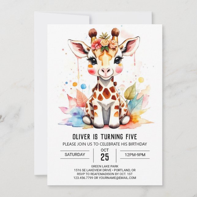 Whimsical Giraffe Safari Geburtstag Einladung (Vorderseite)