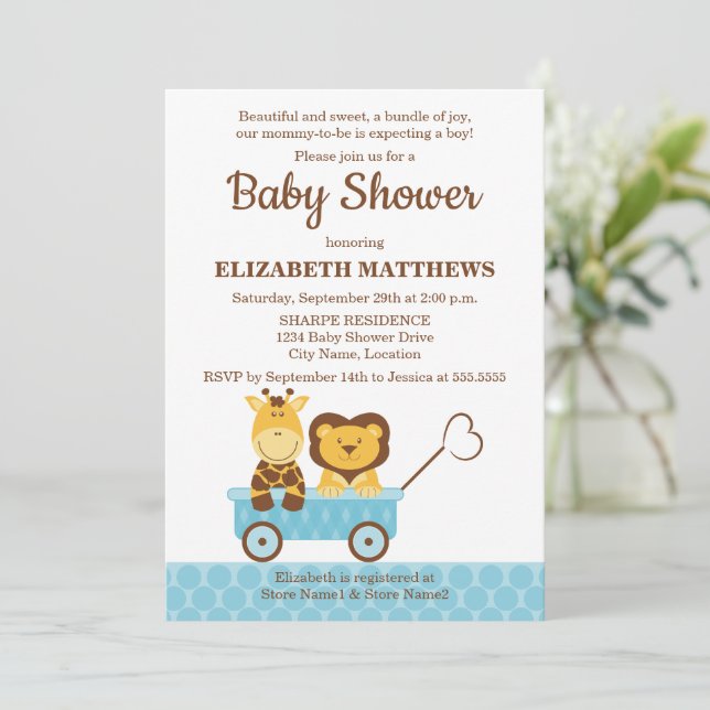 Whimsical Giraffe und Lion Baby Shower Einladung (Stehend Vorderseite)