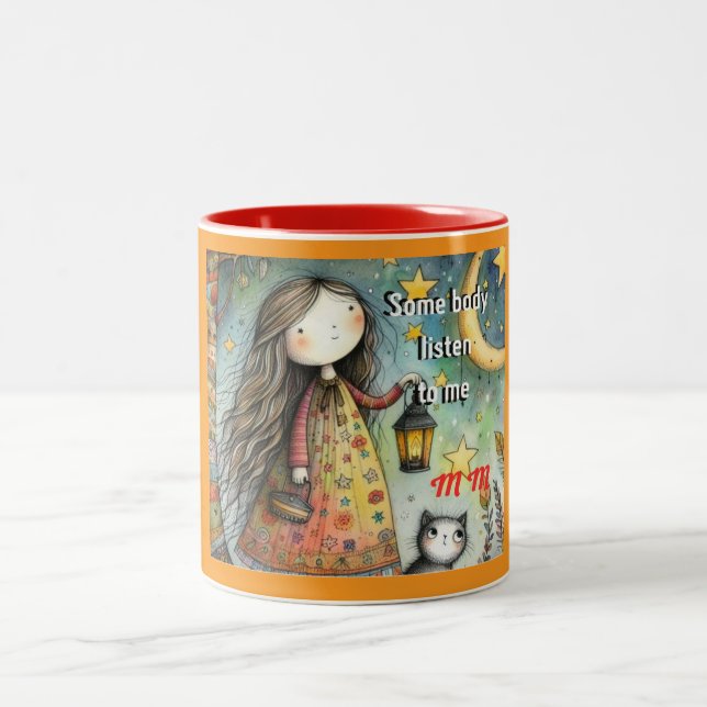Whimsical Girl and Cat Mug "Quelqu'un m'écoute (Centre)