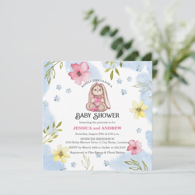 Whimsical Girl Bunny Baby Dusche Einladung (Stehend Vorderseite)