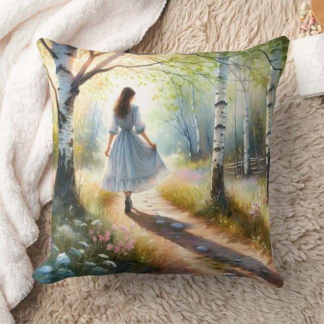 Whimsical Girl Dancing Through Birch Forest Kissen (Decke)