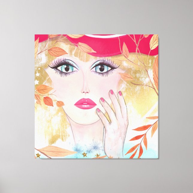 Whimsical Girl in Hat Face Hand Blätter Leinwanddruck (Vorderseite)