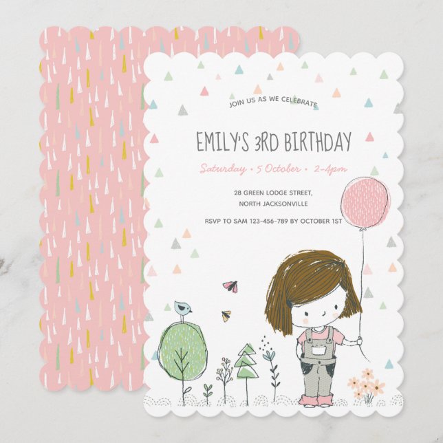 Whimsical Girl Kids Kleinkinder Einladung zum Gebu (Vorne/Hinten)