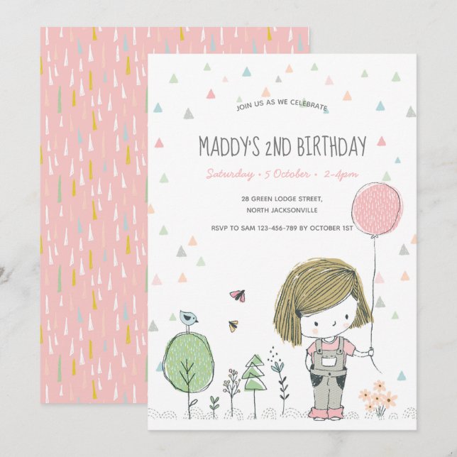 Whimsical Girl Kids Kleinkinder Einladung zum Gebu (Vorne/Hinten)