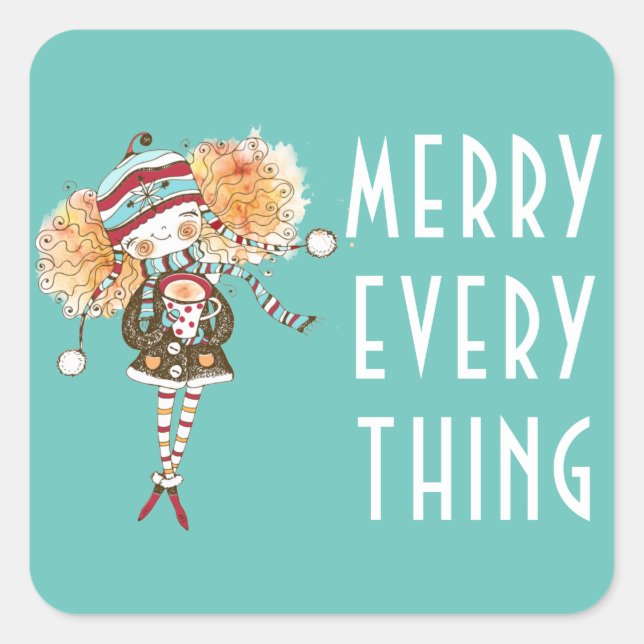 Whimsical Girl Merry alles Weihnachten Quadratischer Aufkleber (Vorderseite)