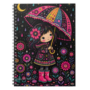 Whimsical Girl mit floralem Regenschirm Sternennac Notizblock
