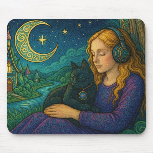 Whimsical Girl mit schwarzer Katze unter dem Halbm Mousepad (Vorne)