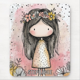 Whimsical Girl Wasserfarbe mit floralen Akzenten ( Mousepad
