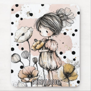 Whimsical Girl Wasserfarbe mit floralen Akzenten ( Mousepad