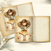 Whimsical Girl with Book & Flowers Journal Page
