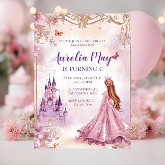 Whimsical Girls Princess Pink und Gold zum Geburts Einladung