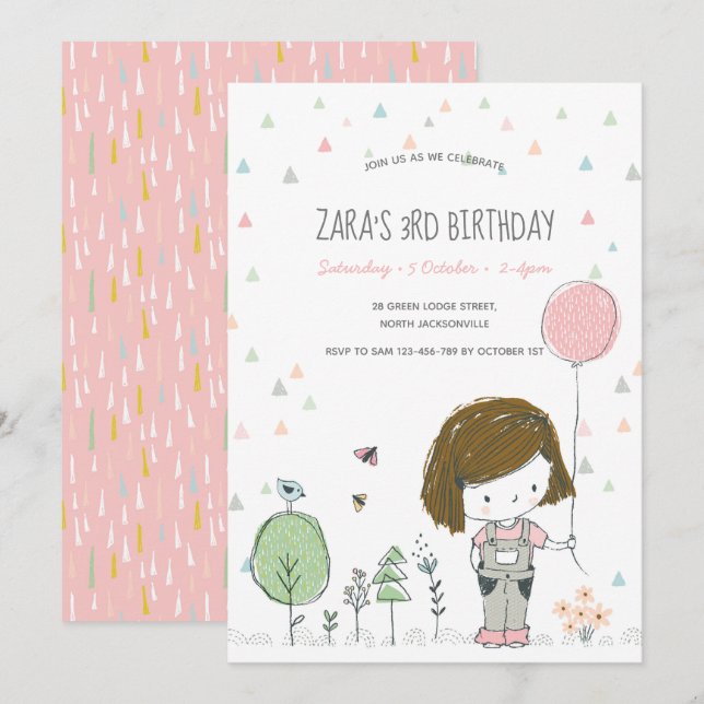 Whimsical Girls Toddlers Invitation Anniversaire (Devant / Derrière)