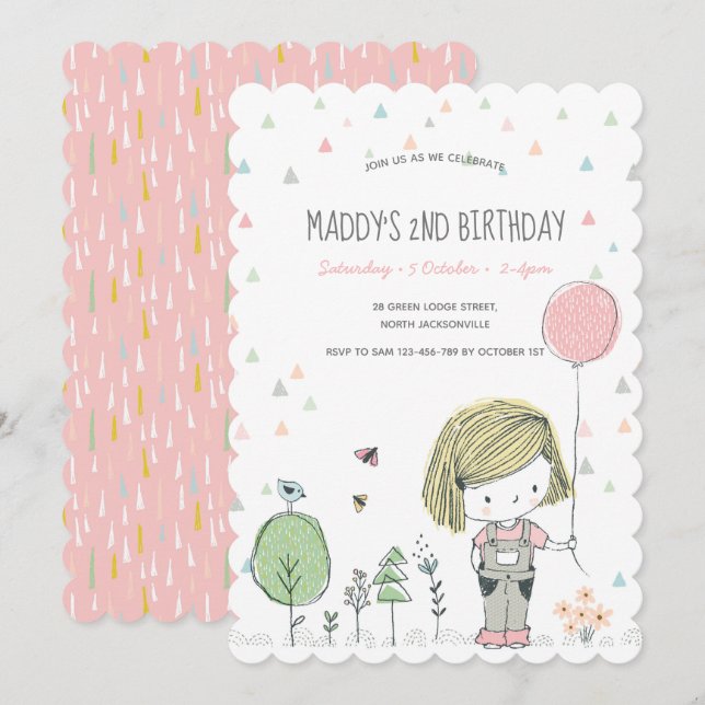 Whimsical Girls Toddlers Invitation Anniversaire (Devant / Derrière)