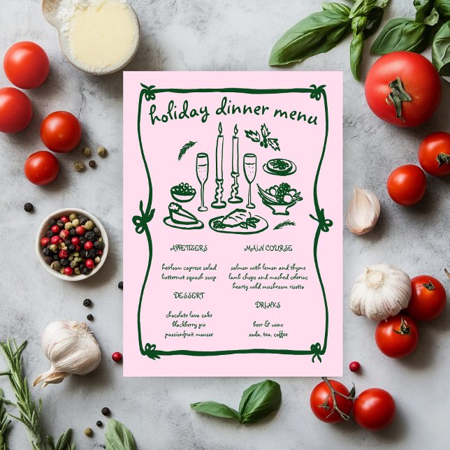 Whimsical Girly Christmas Holiday Dinner Party Menükarte (Whimsical Girly Christmas Holiday Dinner Party Menu Pink Green
)