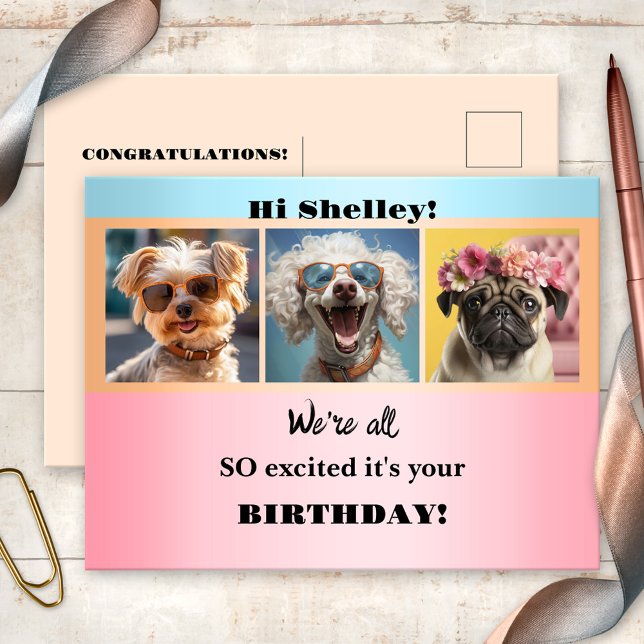 Whimsical Girly Funny Fotos Pastel Geburtstag Postkarte (Funny animal birthday postcard featuring your 3 photos (optional) on a whimsical pastel background)