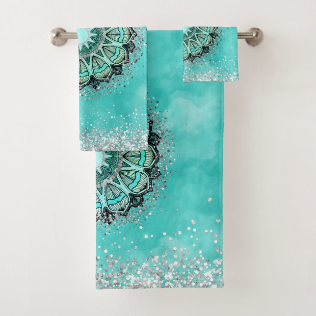 Whimsical Glittery Lotus Mandala Aquamarin Badhandtuch Set (Insitu)