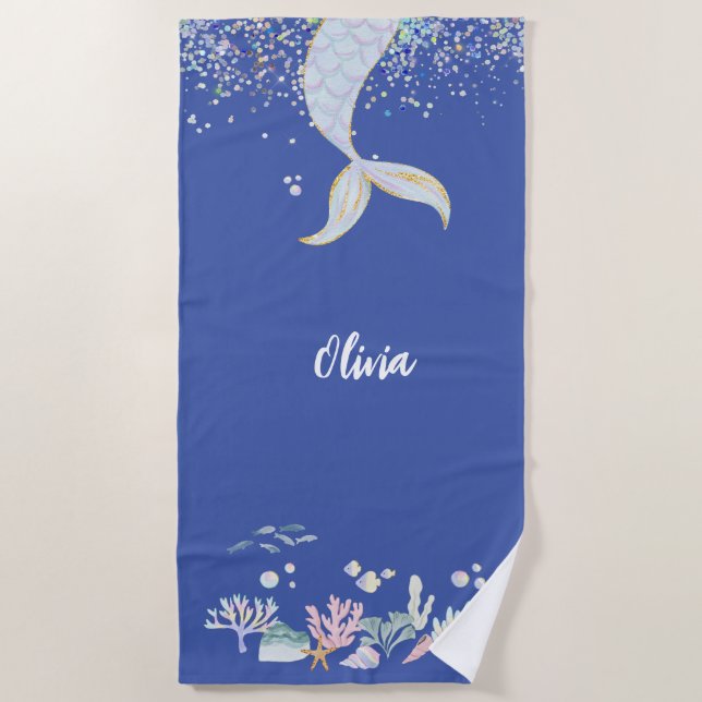 Whimsical Glitzer Meerjungjacht Strandtuch (Vorderseite)