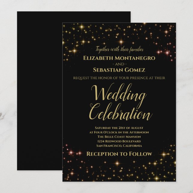 Whimsical Glitzern & Stars Gold auf Black Wedding Einladung (Vorne/Hinten)