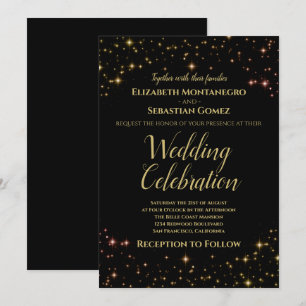 Whimsical Glitzern & Stars Gold auf Black Wedding Einladung