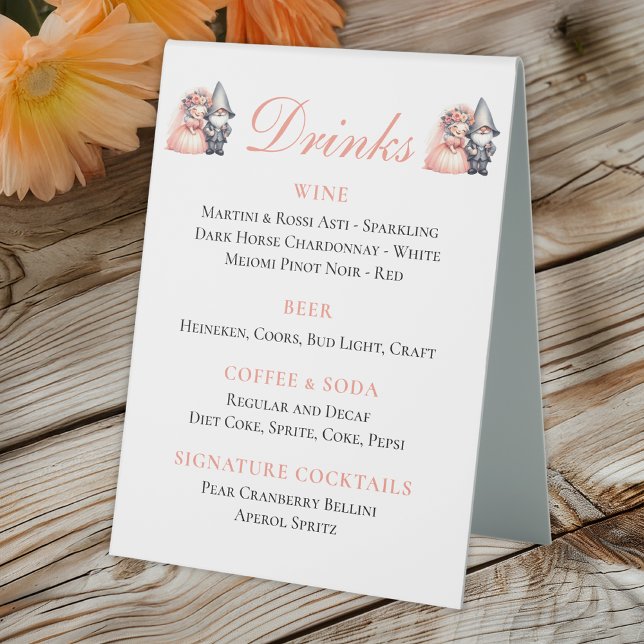 Whimsical Gnome Bride Groom Orange Wedding Bar Tischaufsteller (Von Creator hochgeladen)