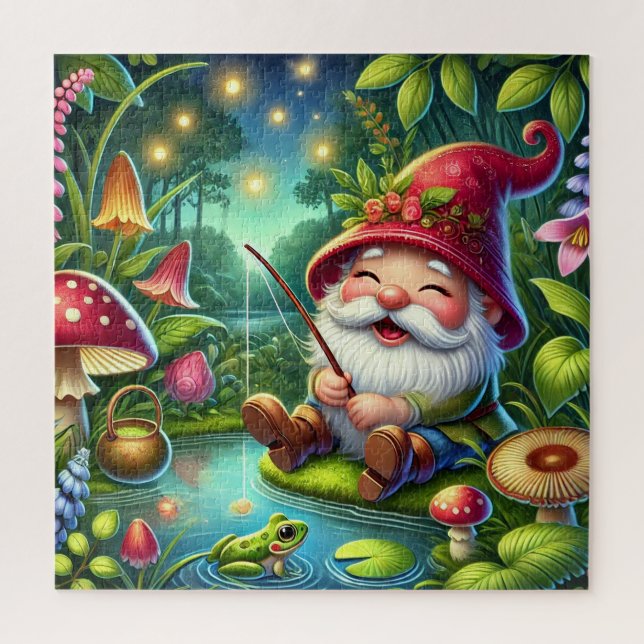 Whimsical Gnome Fischen durch einen magischen Wald (Vertikal)