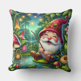Whimsical Gnome Fischen durch einen magischen Wald Kissen