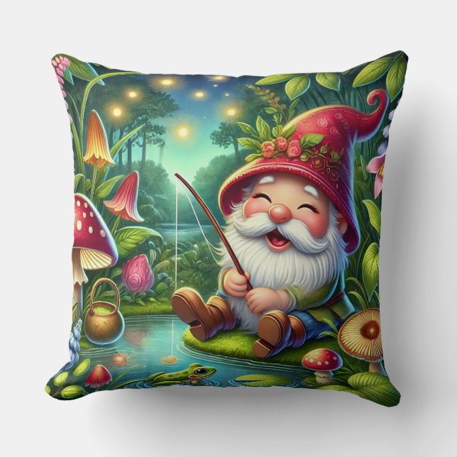 Whimsical Gnome Fischen durch einen magischen Wald Kissen (Vorderseite)
