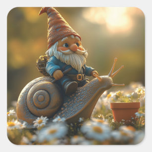 Whimsical Gnome on Snail Ride Magische Gartenlands Quadratischer Aufkleber