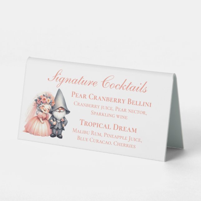 Whimsical Gnome Rustic Wedding Signature Cocktails Tischaufsteller (Vorderseite)