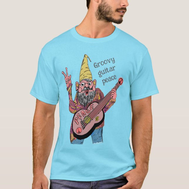 Whimsical Gnome with Peace Guitar, Groovy 60s Vibe T-Shirt (Vorderseite)
